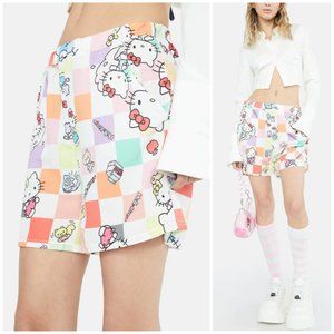 NWT DOLLS KILL NGORDER HELLO KITTY Checkerboard Shorts Kawaii Vegas College 80s